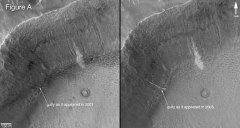 A gully on the wall of an unnamed crater in Terra Sirenum, at 36.6 degrees south, 161.8 degrees west.