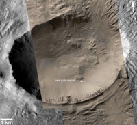 This image is a mosaic of several Mars Global Surveyor images, colorized using a table derived from Mars Reconnaissance Orbiter camera color data and overlain on a sub-frame of a Mars Odyssey Thermal Emission Imaging System image.