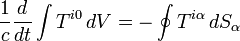 \frac{1}{c}\frac{d}{dt}\int T^{i0}\,dV=-\oint T^{i\alpha}\,dS_\alpha